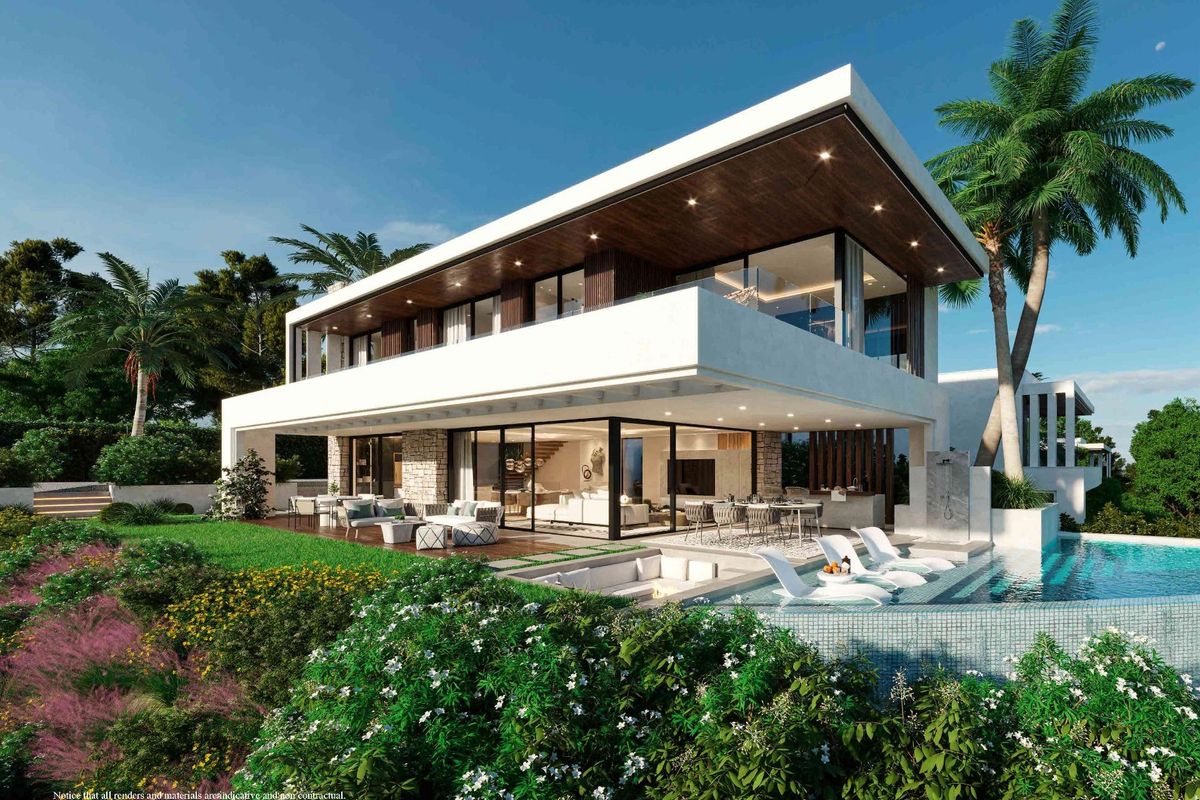 Moderne 5-slaapkamer villa aan de buitenkant in Benalmádena, Costa del Sol, met een weelderige tuin en zwembad.