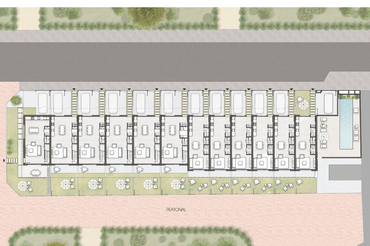 Plattegrond van de gemeenschap met meerdere 3-slaapkamer townhouse met tuinen in Pilar de La Horadada, Costa Blanca Zuid.