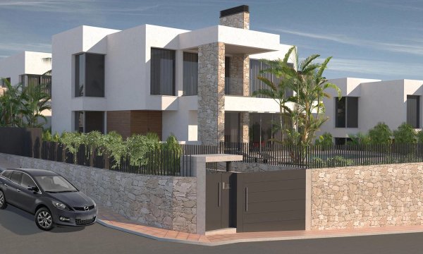 Moderne 4-slaapkamer villa buitenkant in Mijas, Costa del Sol, met stenen accenten en weelderige begroeiing.