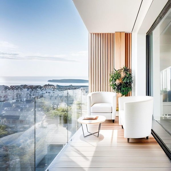 Modern balkon met zitmeubilair en panoramisch zeezicht in een 2-slaapkamer appartement in Torrevieja, Costa Blanca Zuid.