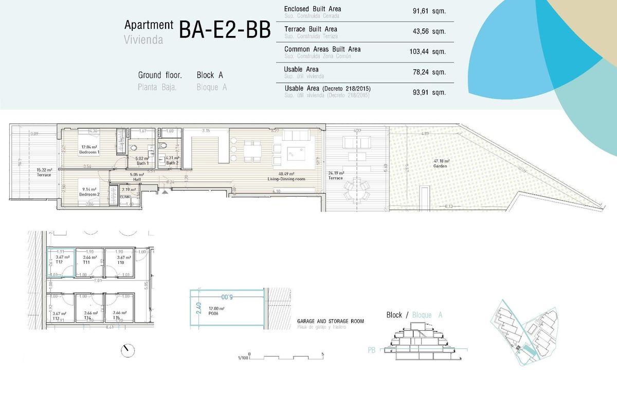 Plattegrond van een 2-slaapkamer appartement op de begane grond die de indeling toont in Estepona, Costa del Sol.