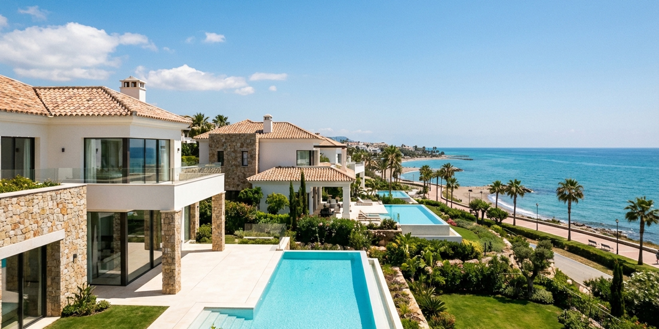 Panoramablick auf Luxusvillen und das Mittelmeer entlang der neuen Goldenen Meile von Estepona
