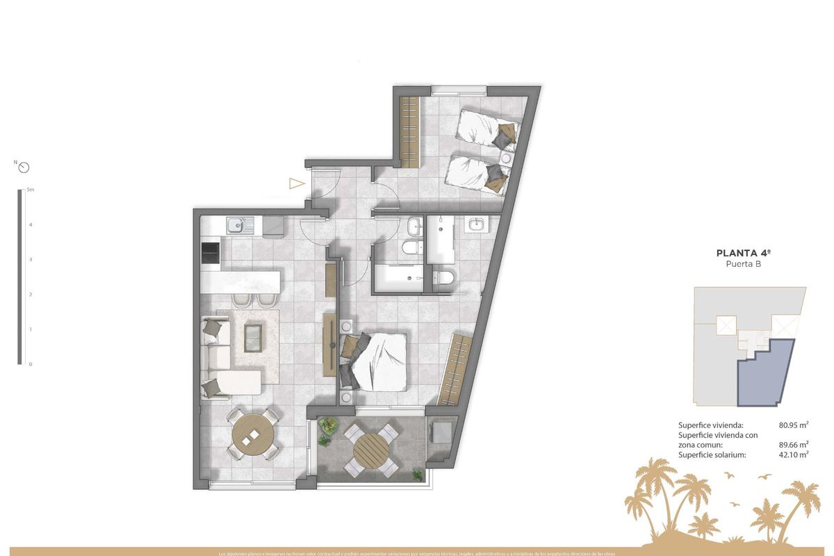 Plattegrond van de indeling van het 2-slaapkamer penthouse, met kamers en functies in Guardamar del Segura.