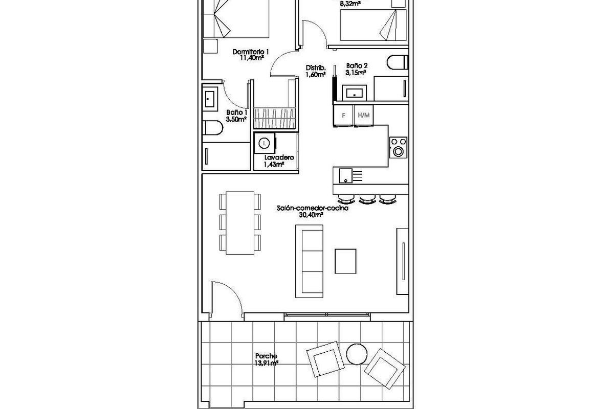 Plattegrond van de indeling van het 2-slaapkamerappartement op de begane grond in Pilar de La Horadada.