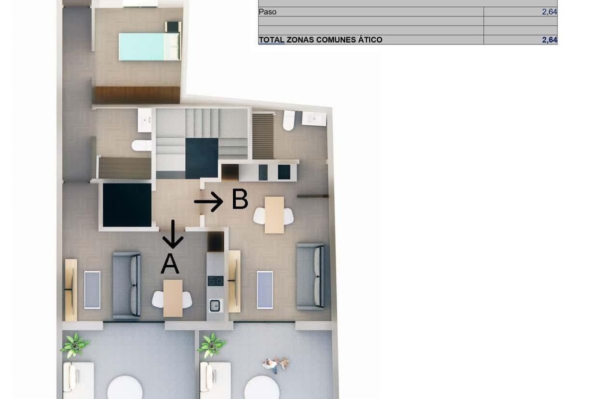 Plattegrond van de penthouse in Torrevieja, met beschikbare ruimtes en kamerindeling.