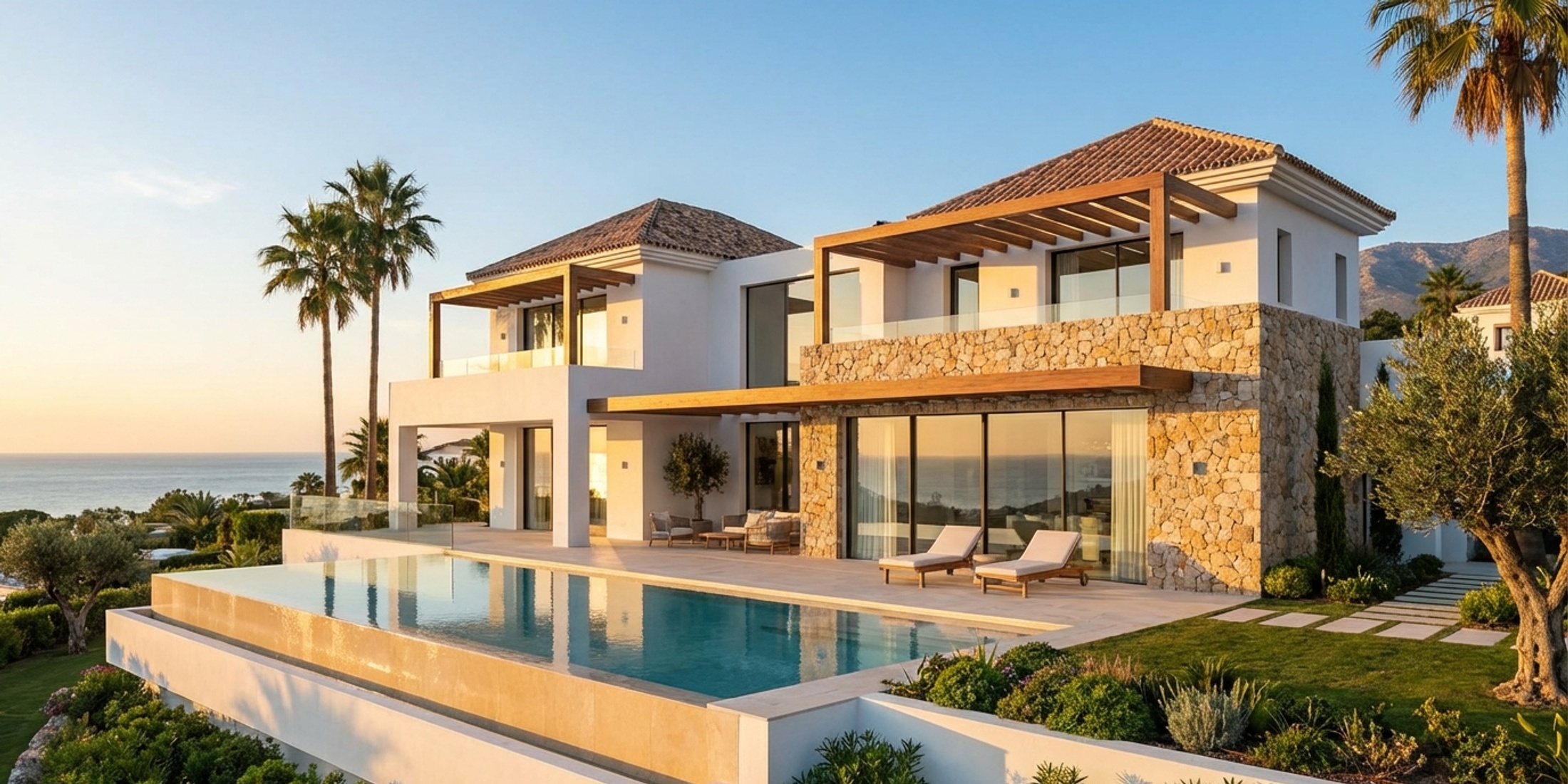 Modern luxury villa on the New Golden Mile Estepona at sunset
