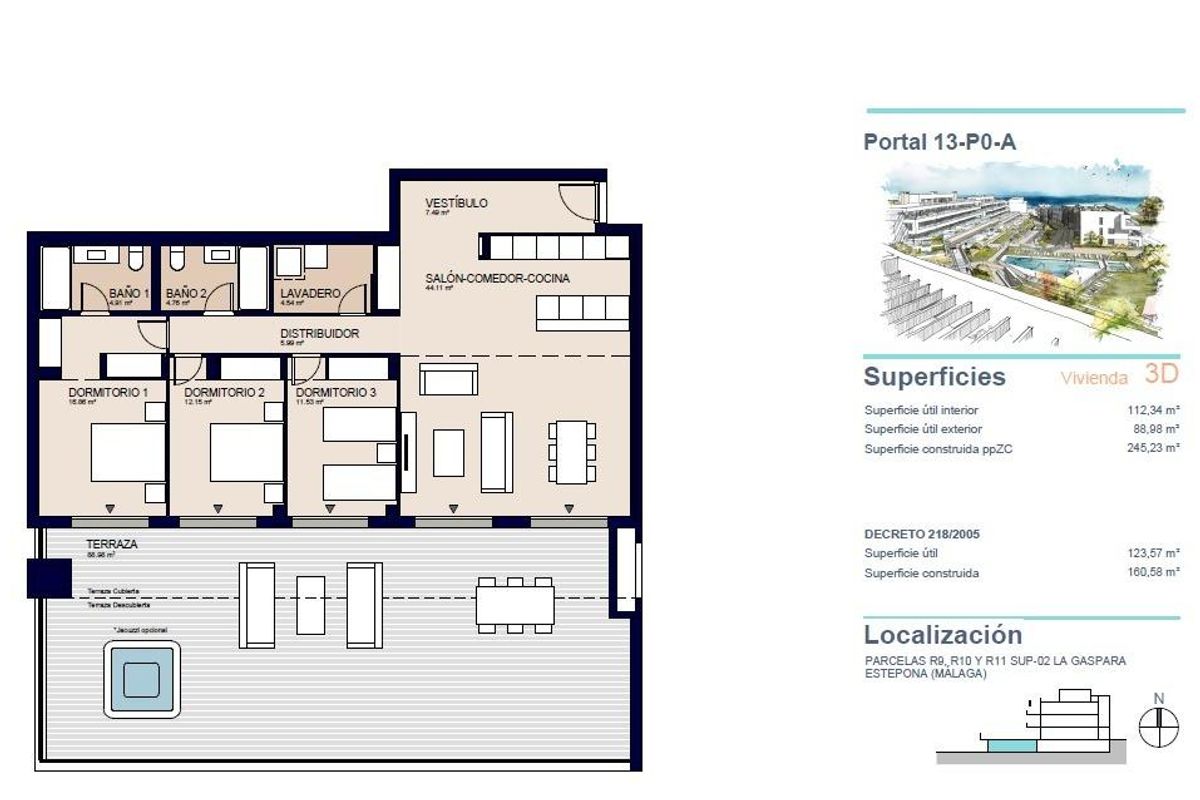 Gedetailleerde plattegrond van een 3-slaapkamerappartement in Estepona met belangrijke afmetingen.
