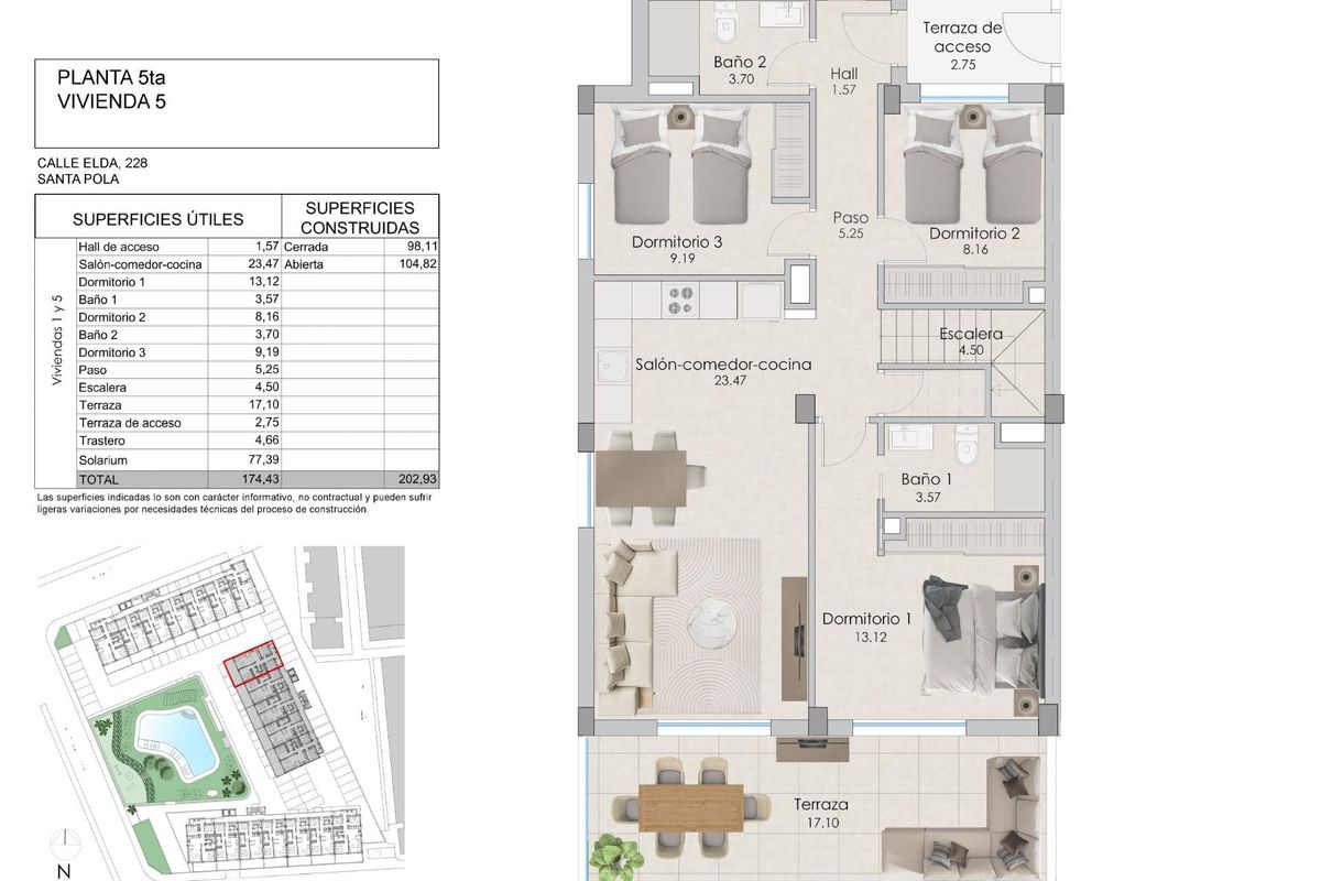 Plattegrond van een 3-slaapkamer penthouse in Santa Pola, met moderne indeling en ruime kamers.