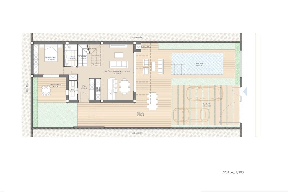 Plattegrond van een moderne villa met 3 slaapkamers in San Juan de los Terreros, met woon- en buitenruimtes.