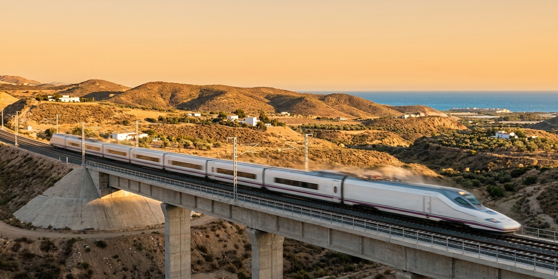 High-speed train crossing the arid coastal landscape of Almería, Spain