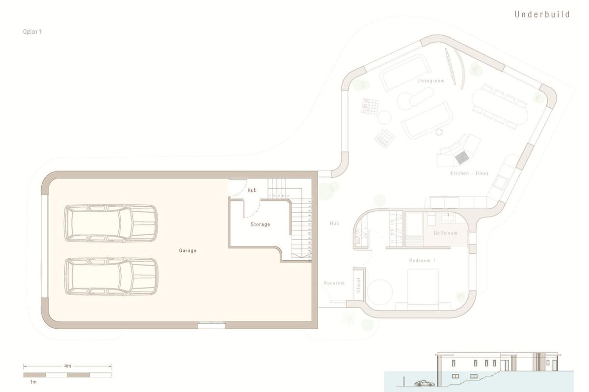Indeling van de onderbouw van de villa, met garage en extra woonruimte in San Fulgencio.