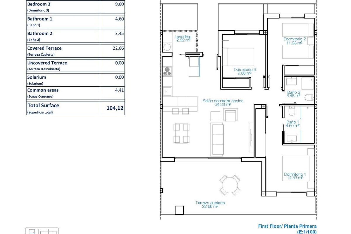 Plattegrond van een 3-slaapkamer appartement in een modern complex in Pilar de La Horadada, Costa Blanca Zuid.