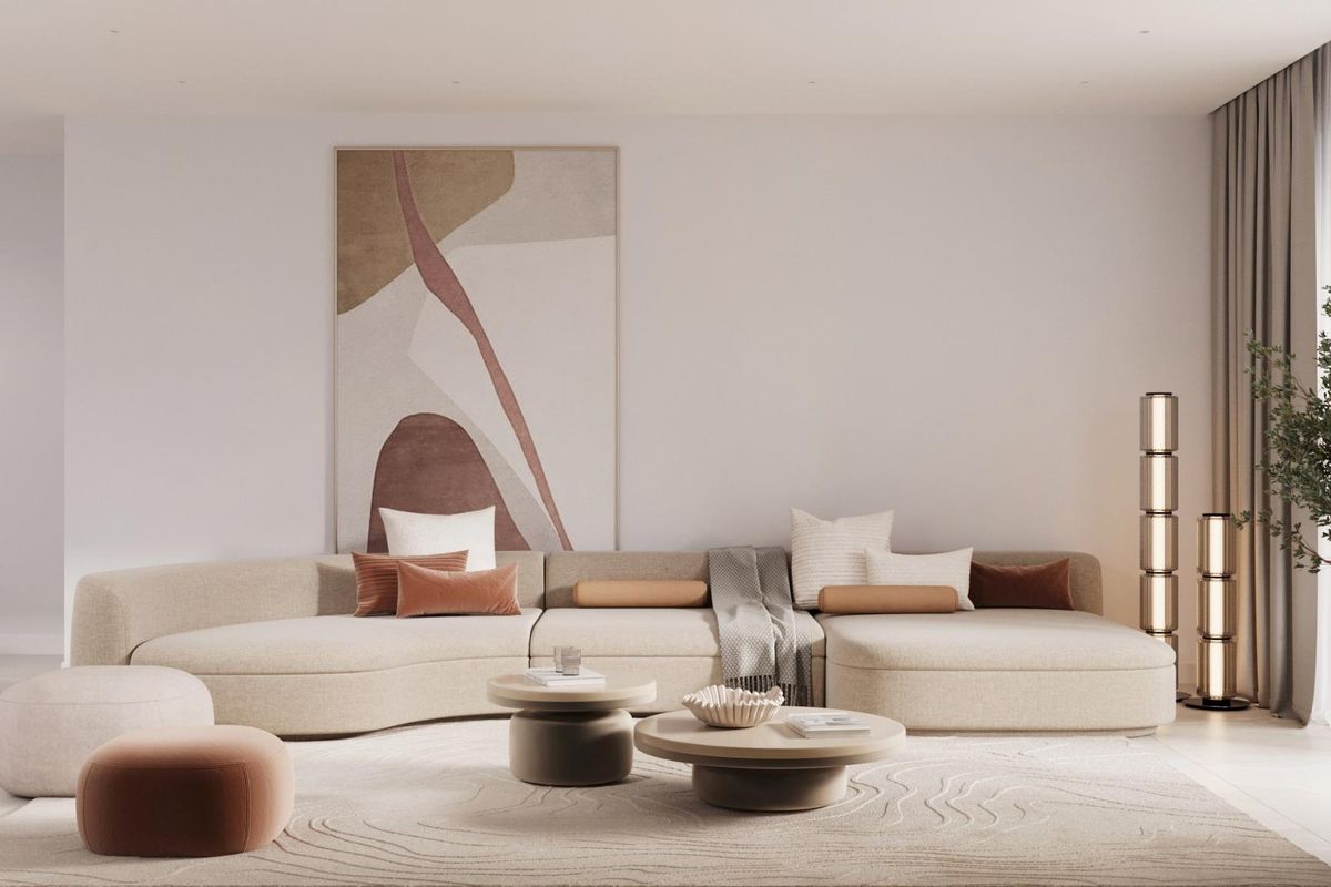 Heldere woonkamer in 3-slaapkamer appartement in Estepona, Costa del Sol, met modern meubilair en kunst.