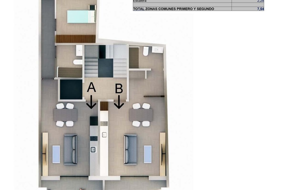 Plattegrond van een appartement in Torrevieja, met woonruimtes en indeling voor twee eenheden.