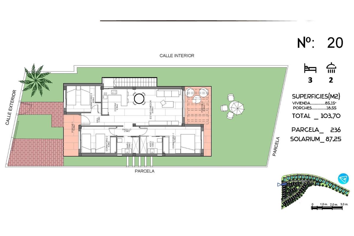 Plattegrond van een 3-slaapkamer villa in Algorfa, Costa Blanca, met indeling en afmetingen voor potentiële kopers.