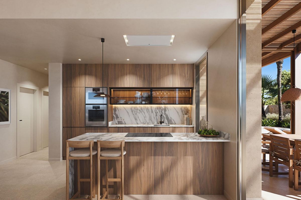 Moderne keuken met marmeren werkbladen en apparaten in een 3-slaapkamer villa in Cabo de Palos.