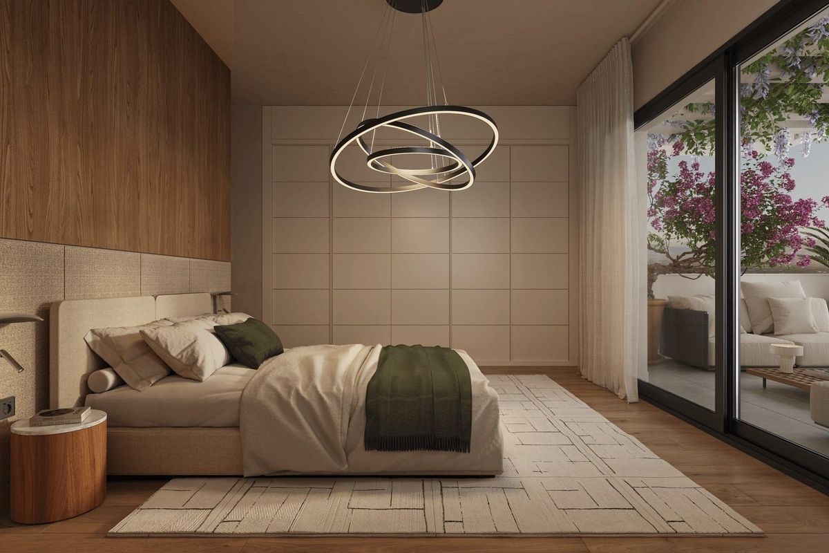 Elegant bedroom with large window