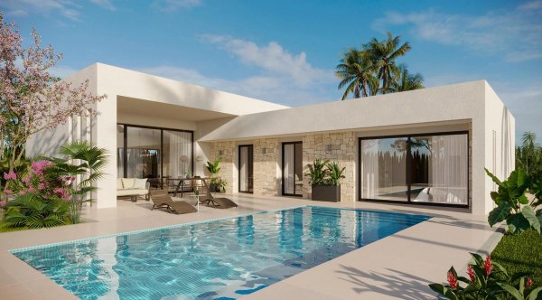 Moderne villa met zwembad in Aspe, Costa Blanca Zuid. Groene tuin en uitnodigende buitenruimte om te ontspannen.