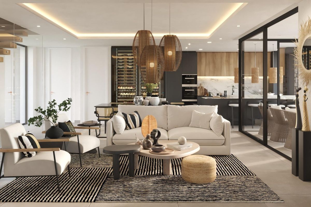 Chique woonkamer met unieke decoratieve elementen in een luxe villa gelegen in Benalmádena, Costa del Sol.