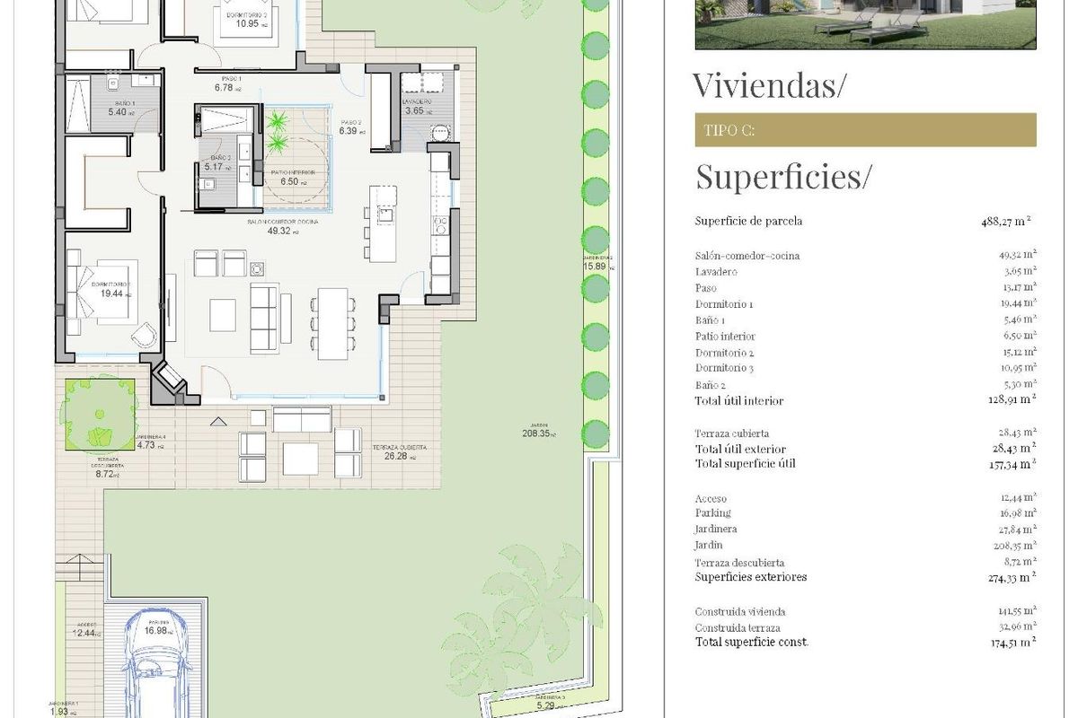Plattegrond van een 3-slaapkamer villa in Polop, Costa Blanca Noord, met indeling en ruimtes.