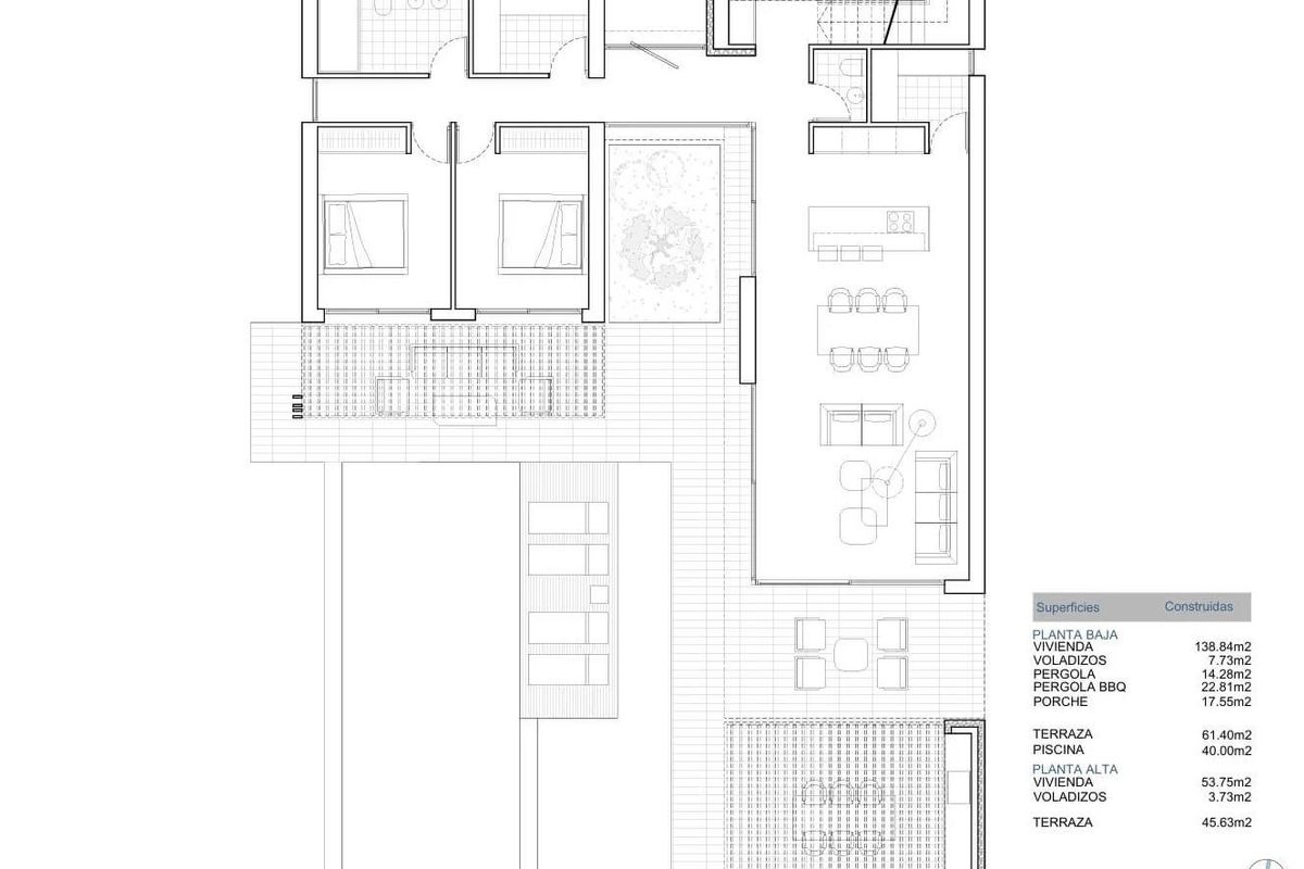 Plattegrond van de begane grond van een villa met 3 slaapkamers met woonruimte en terras in Jávea, Costa Blanca.