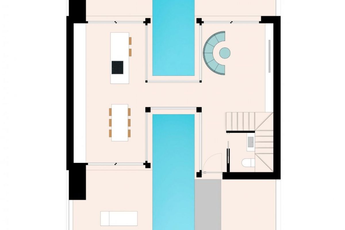 Plattegrond van een 3-slaapkamer townhouse in Formentera del Segura met zwembaden en indeling van de woonkamer.