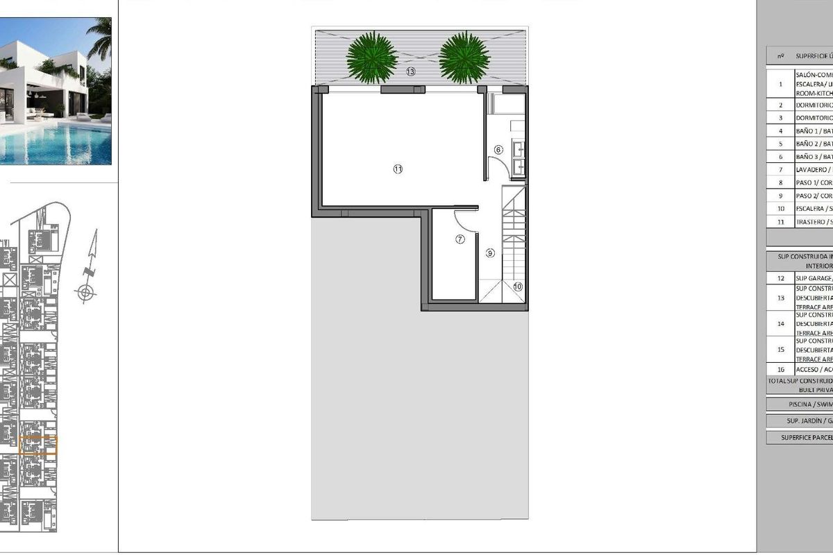 Gedetailleerde plattegrond van een townhouse met tuin in Finestrat, Costa Blanca, met nadruk op woon- en buitenruimtes.