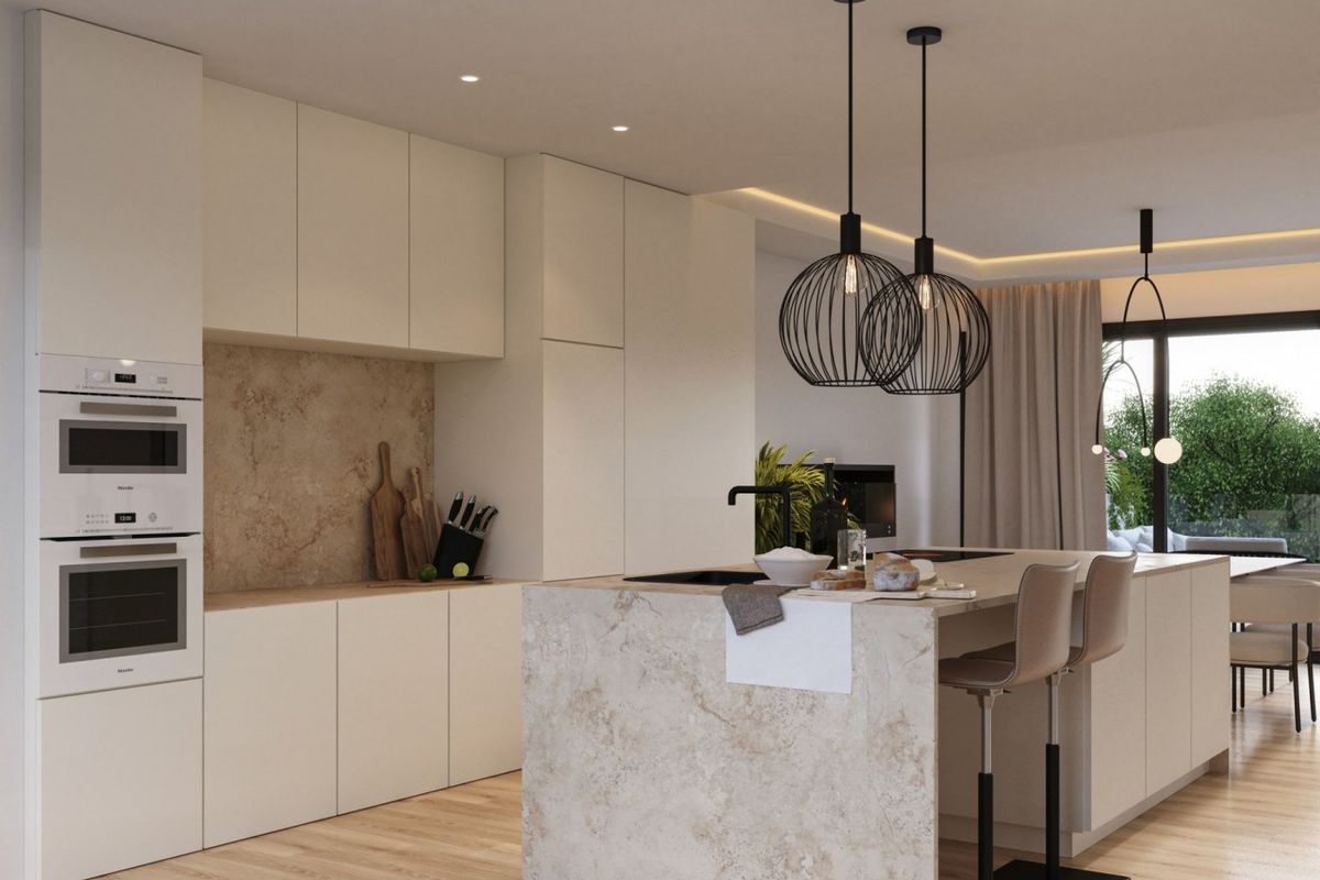 Heldere en moderne keuken uitgerust met hoogwaardige apparaten in een luxe 3-slaapkamer penthouse, Orihuela, Costa Blanca.