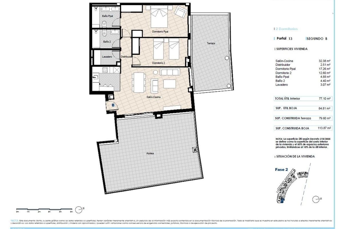 Ruimtelijke plattegrond van tweeslaapkamer appartement met groot terras, indeling van leefruimtes en slaapkamers in Manilva