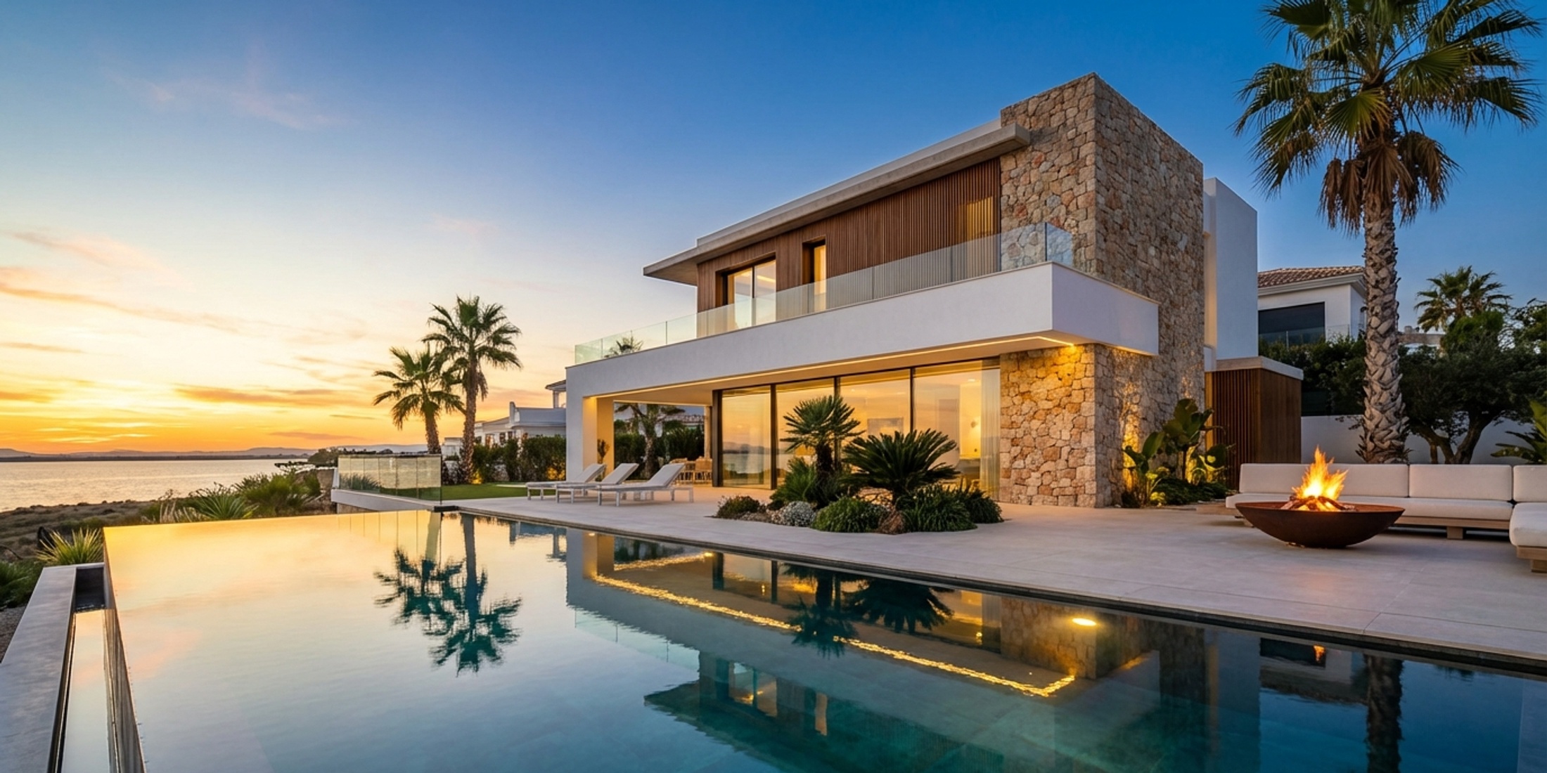 Moderne luxe villa in Los Alcázares met zwembad bij zonsondergang
