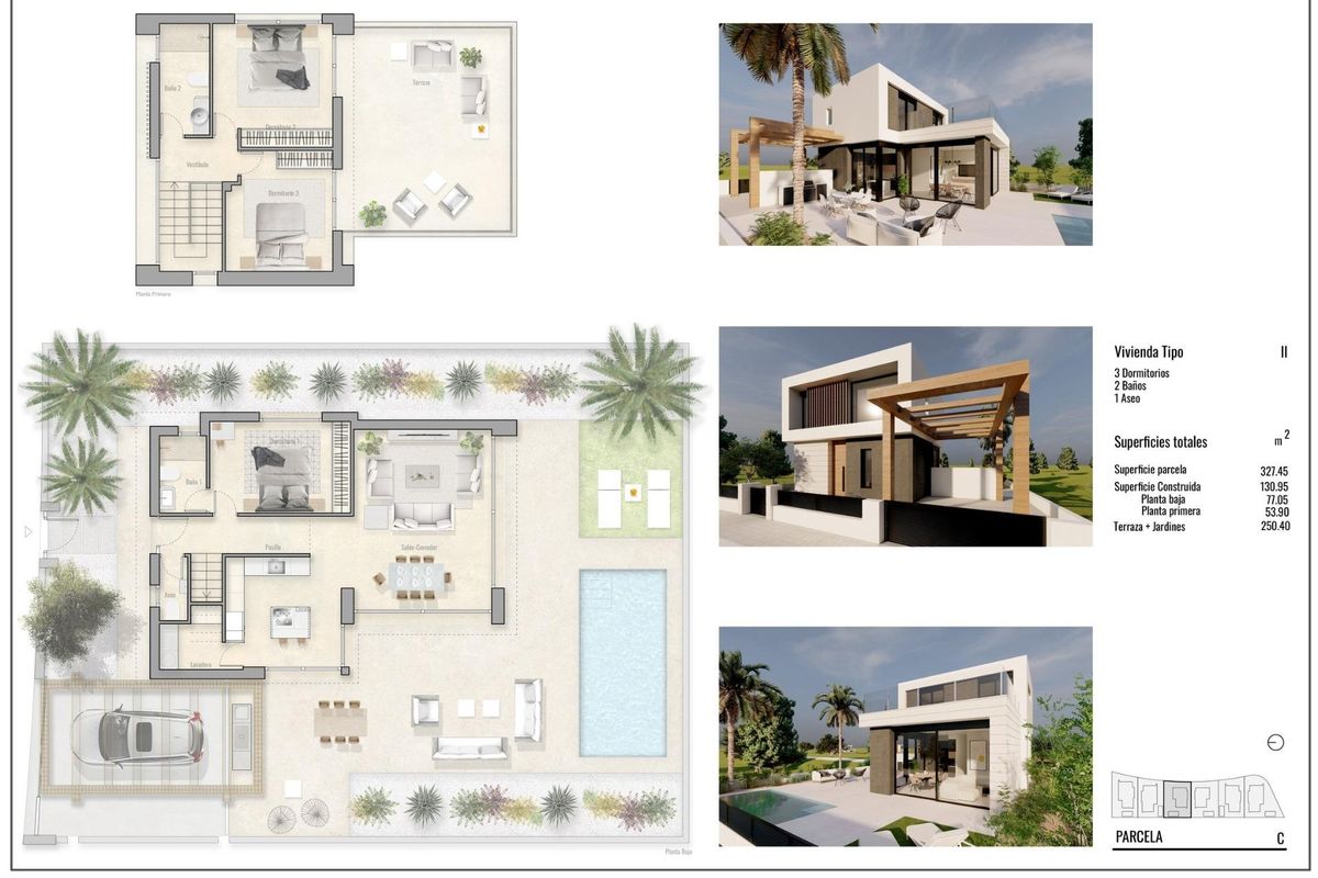 Gedetailleerde plattegrond van een 3-slaapkamer villa met layout en buitenruimtes in Pilar de La Horadada, Costa Blanca.
