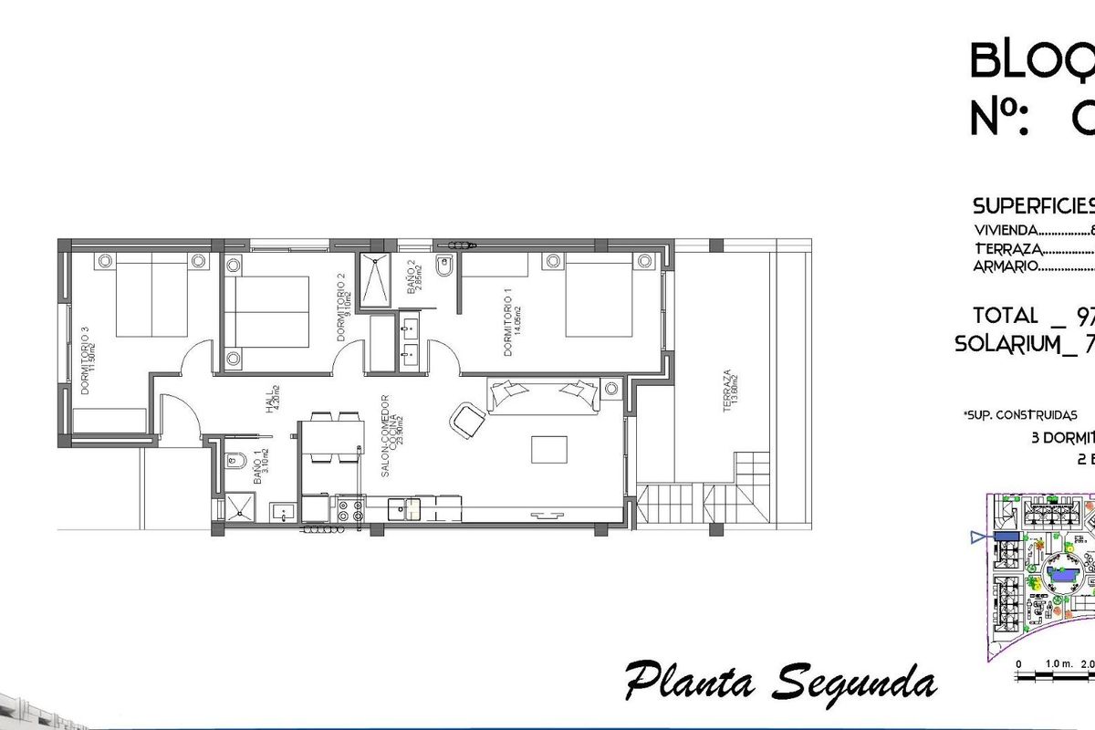 Gedetailleerde plattegrond van het penthouse in Guardamar del Segura, met indeling van kamers en voorzieningen.