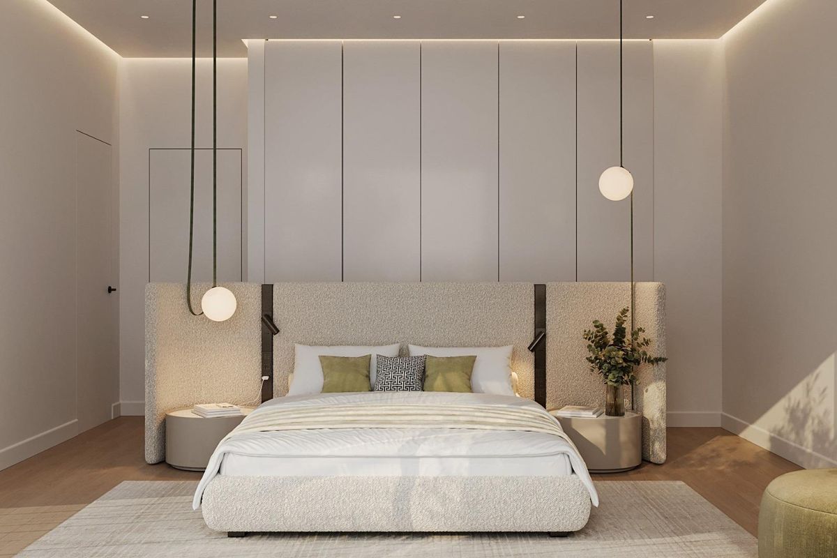 Contemporary slaapkamerontwerp met zachte tinten en uitzicht op de kustlijn in het penthouse van Mijas.