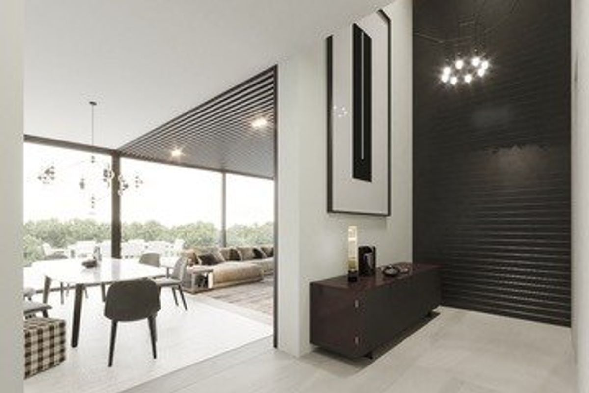 Verwelkomende entrée met modern ontwerp die naar de woonkamer leidt in de villa in Altea, Costa Blanca Noord.