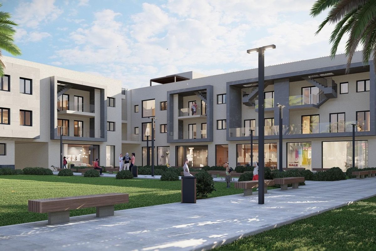 Architectuur van een 3-slaapkamer appartementencomplex met zitgebieden buiten in Torre Pacheco, Costa Calida.