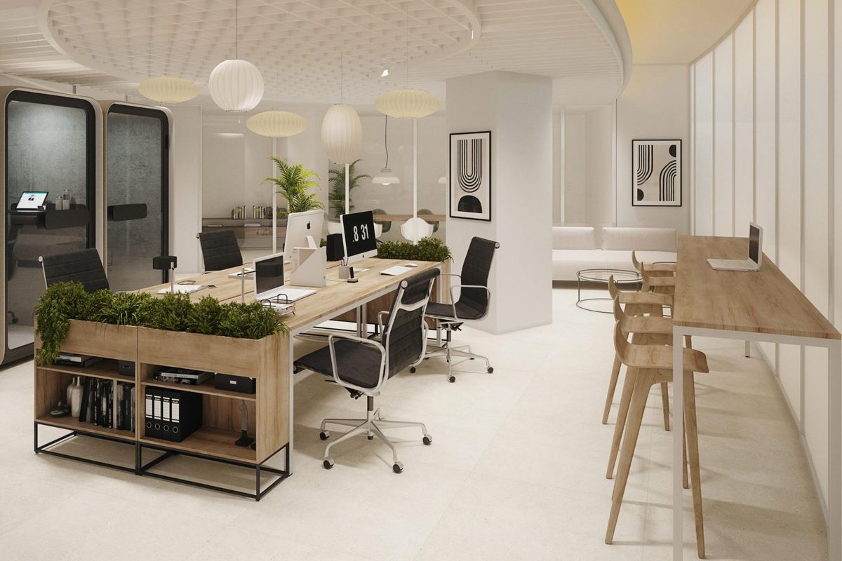 Stijlvolle coworkingruimte met natuurlijk licht en moderne decoratie, gelegen in Málaga, Costa del Sol.