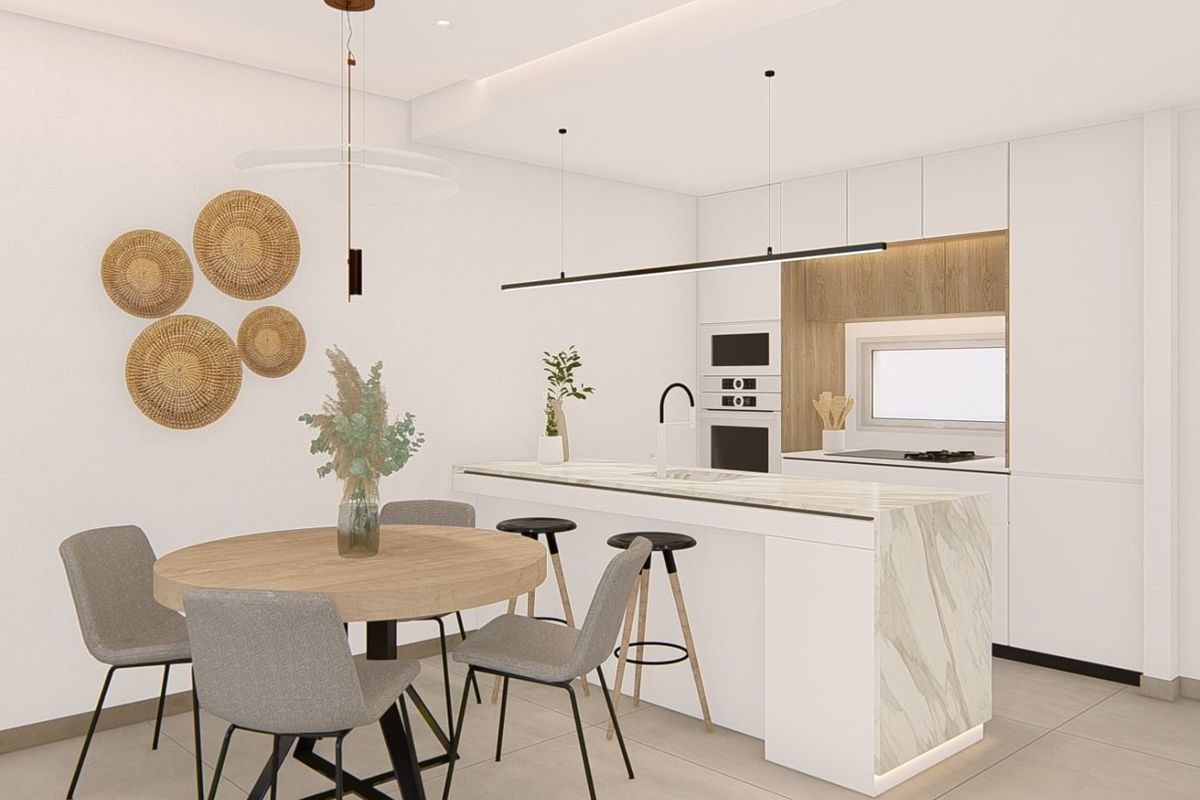Stylish kitchen and dining area in a 3-bedroom apartment, located in Guardamar del Segura, Costa Blanca.