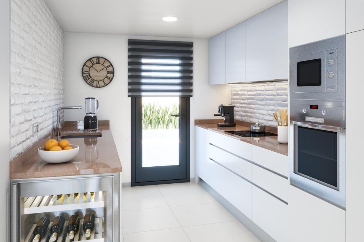 Moderne keuken met strakke afwerkingen in een villa met 3 slaapkamers in San Fulgencio, Costa Blanca Zuid, Spanje.