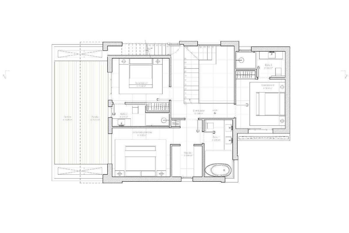 Tweede verdieping indeling van een stijlvol villa met 5 slaapkamers, met slaapkamers en badkamers in Estepona.