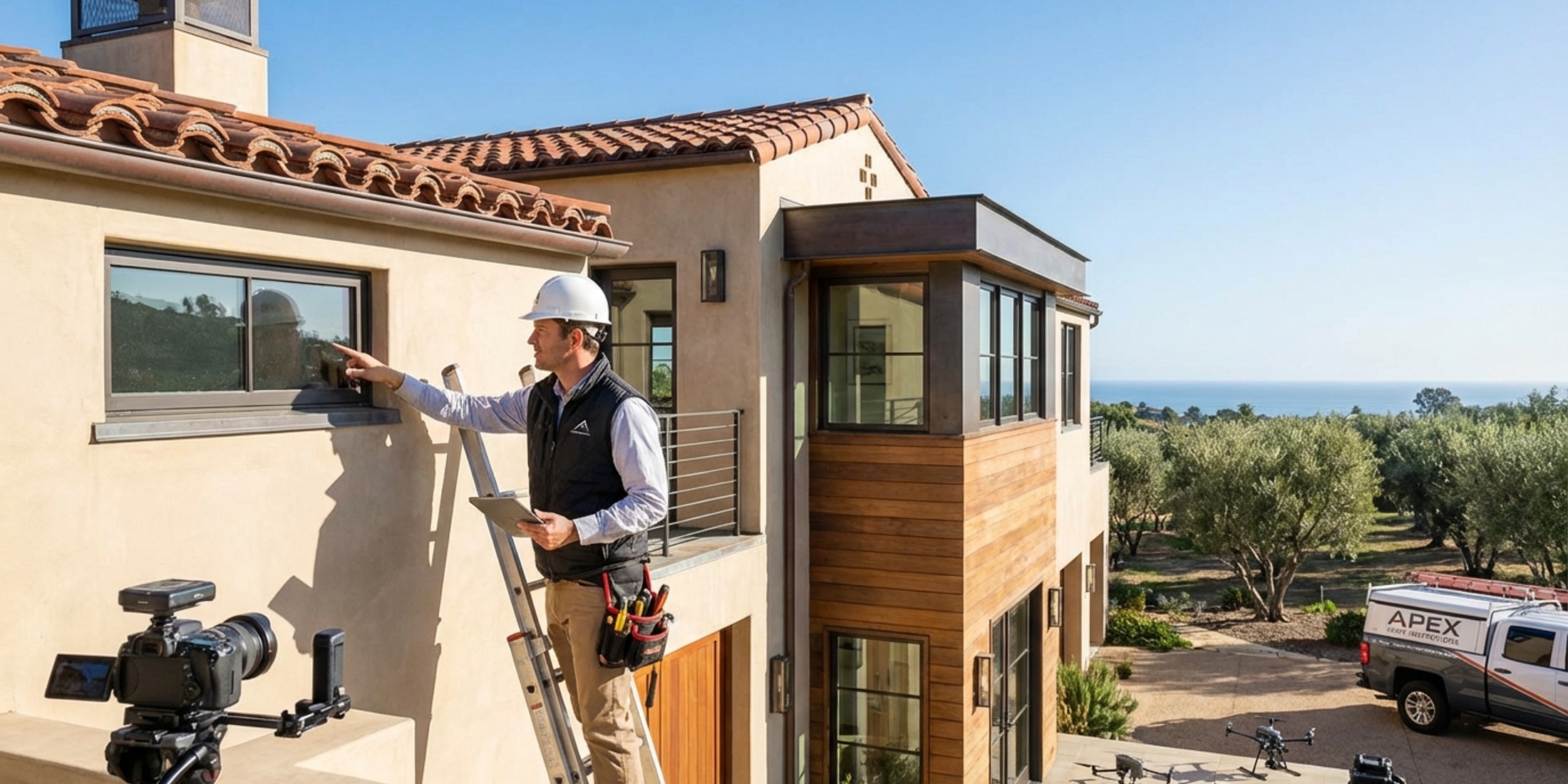 Een professionele inspecteur bekijkt de buitenkant van een traditionele Spaanse villa