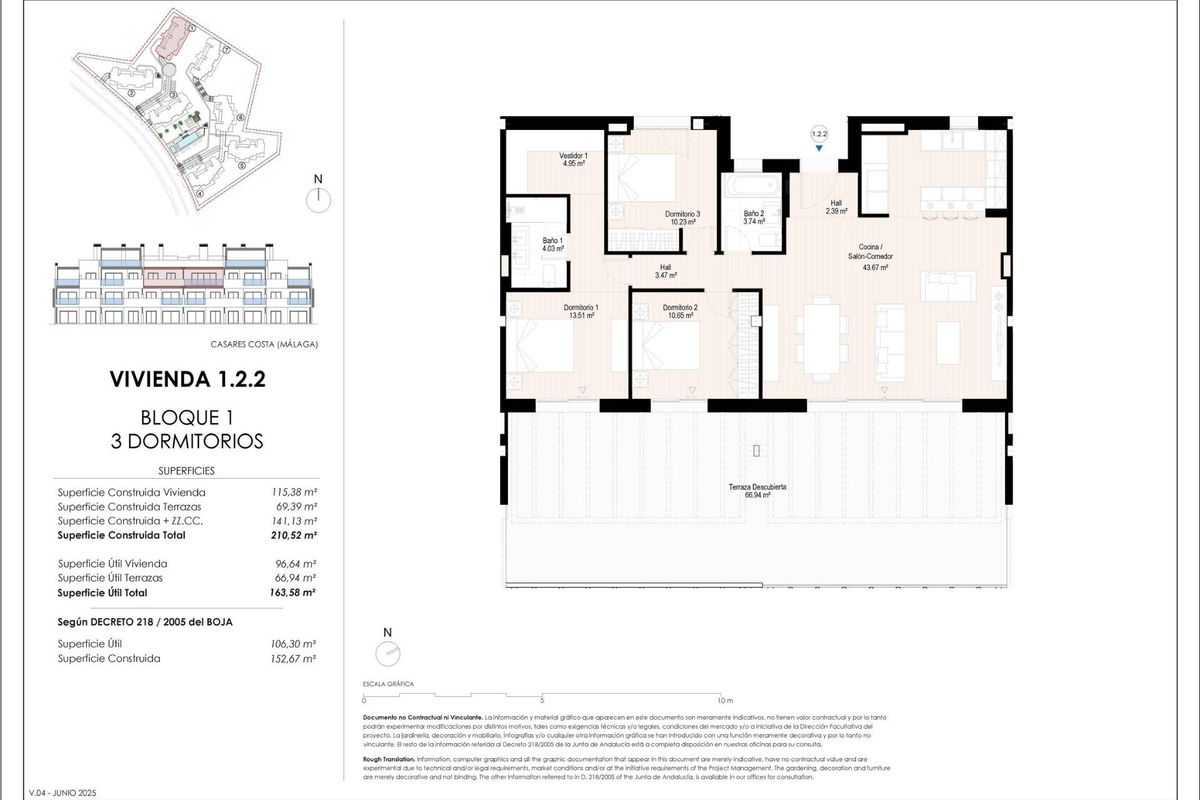Gedetailleerde plattegrond van een 3-slaapkamer appartement in Casares, Costa del Sol, die indeling en afmetingen toont.