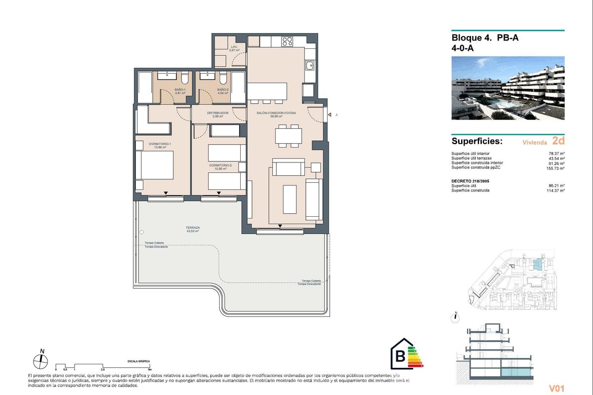 Plattegrond van een begane grond appartement met 2 slaapkamers in Estepona, met de indeling, afmetingen en terras oppervlakten.