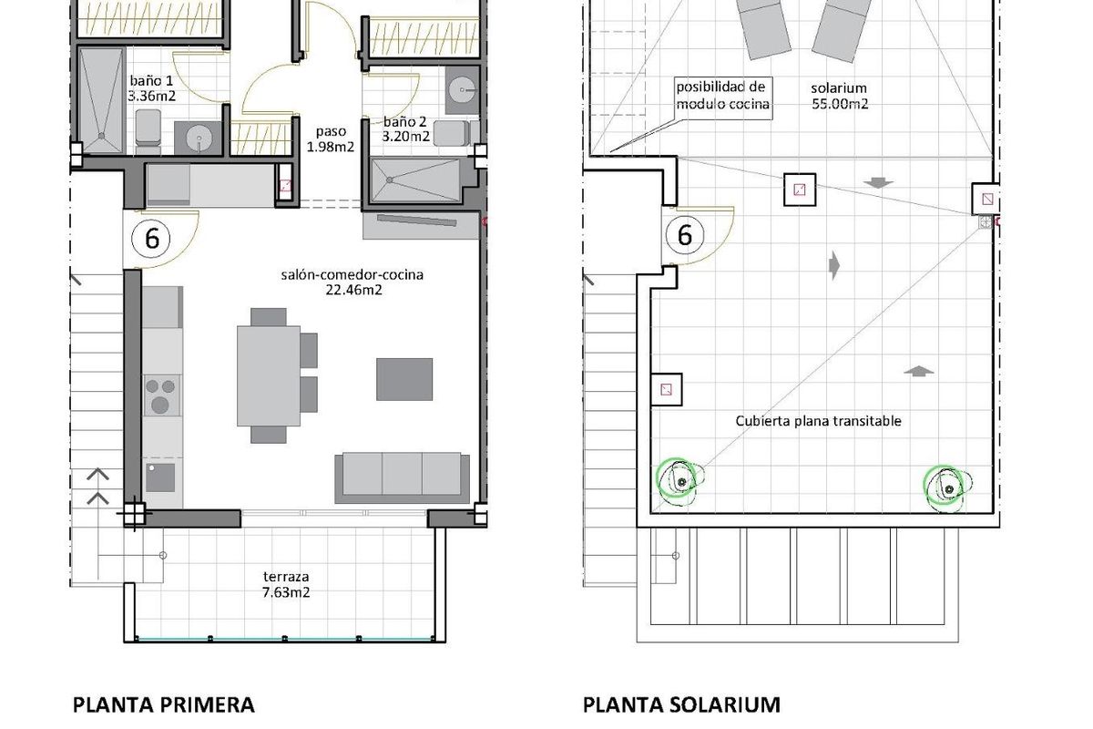 Eerste verdieping indeling van een twee-slaapkamer bungalow in San Pedro del Pinatar met slaapkamers en terrassen.