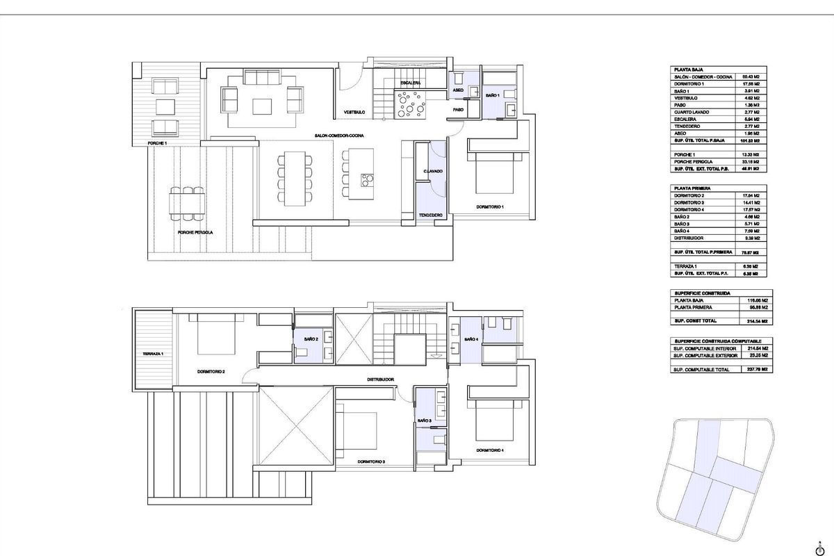 Plattegrond van een luxe villa met 4 slaapkamers in Manilva, met indeling van woonruimtes en slaapkamers.