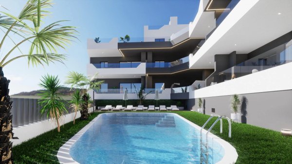 Uitzicht op het appartementencomplex met zwembad en tuin in Benijofar, Costa Blanca Zuid, Spanje.