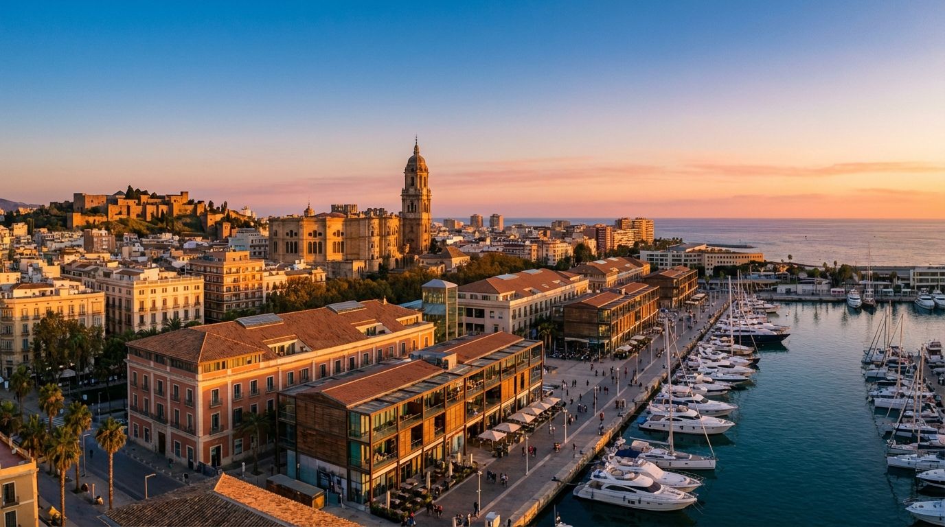 Panoramic view of Malaga port and cathedral at sunset