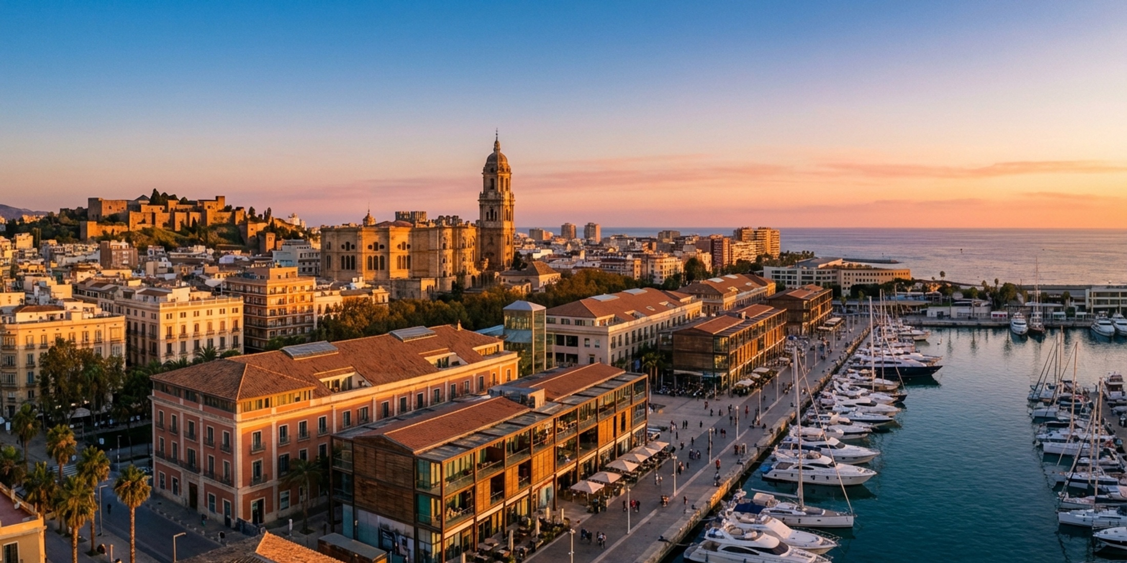 Panoramisch uitzicht op de haven en kathedraal van Malaga bij zonsondergang