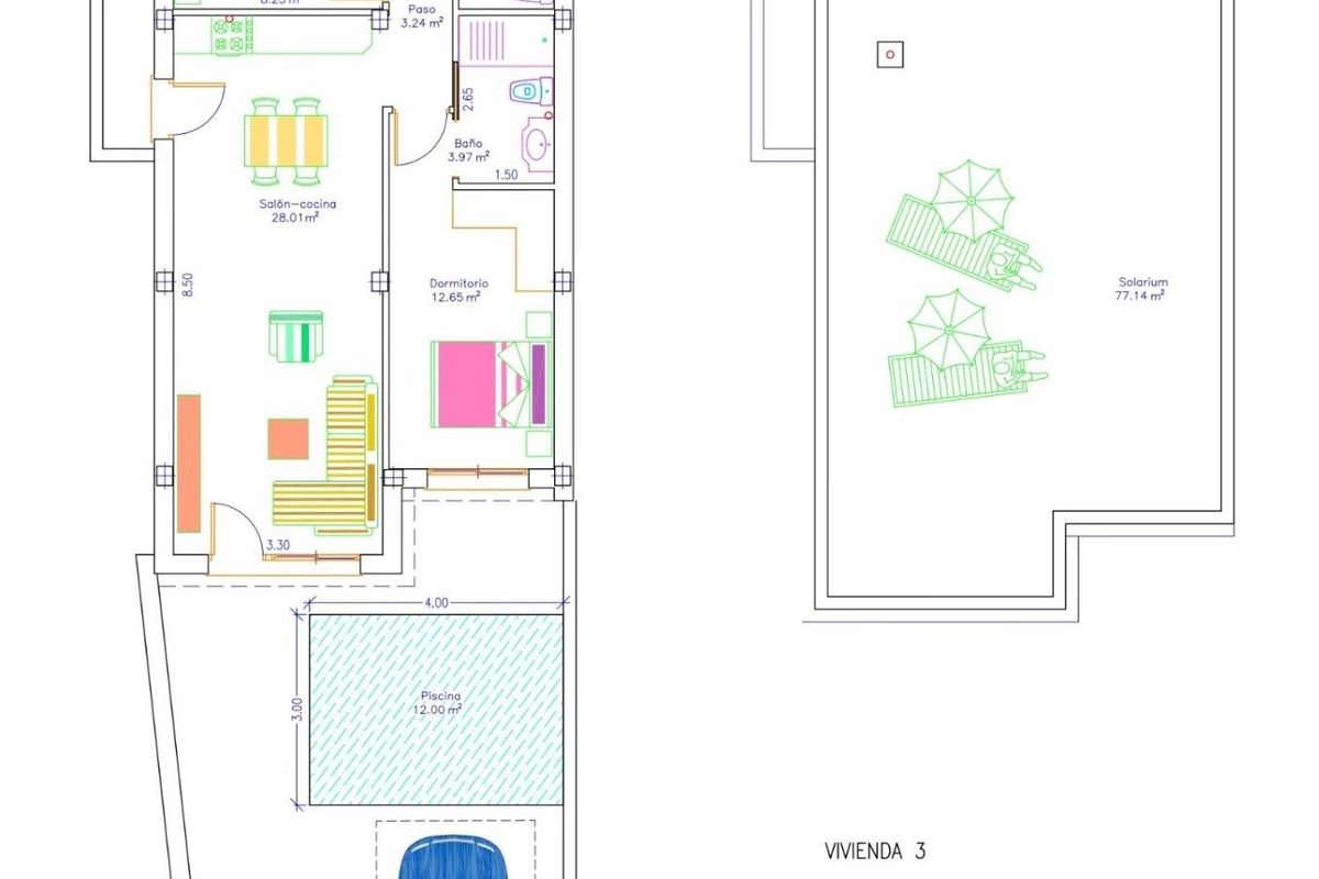 Plattegrond van een moderne 3-slaapkamer villa met woonruimtes en buitenruimtes.
