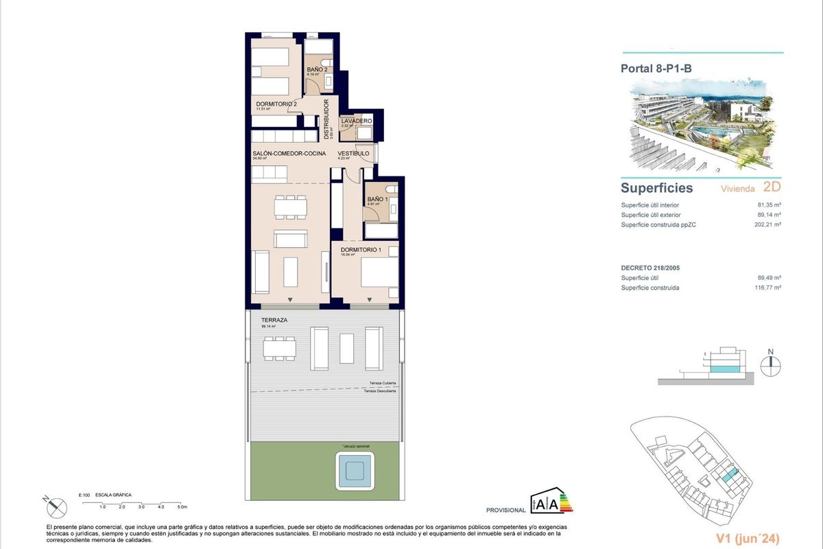 Gedetailleerde plattegrond van een 2-slaapkamer appartement, met lay-out en ruimte in Estepona, Costa del Sol.