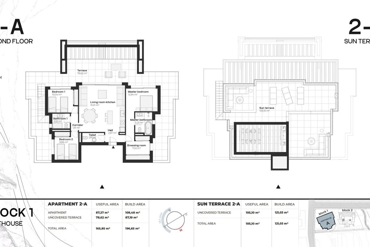 Plattegrond van een 3-slaapkamer penthouse, met lay-out en terrasopties in Estepona, Costa del Sol.